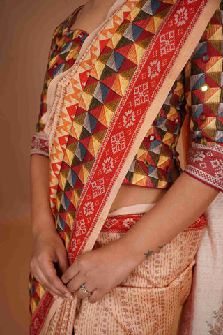 Mahalkari Mirror work Blouse with chanderi saree - (Nude/Red)