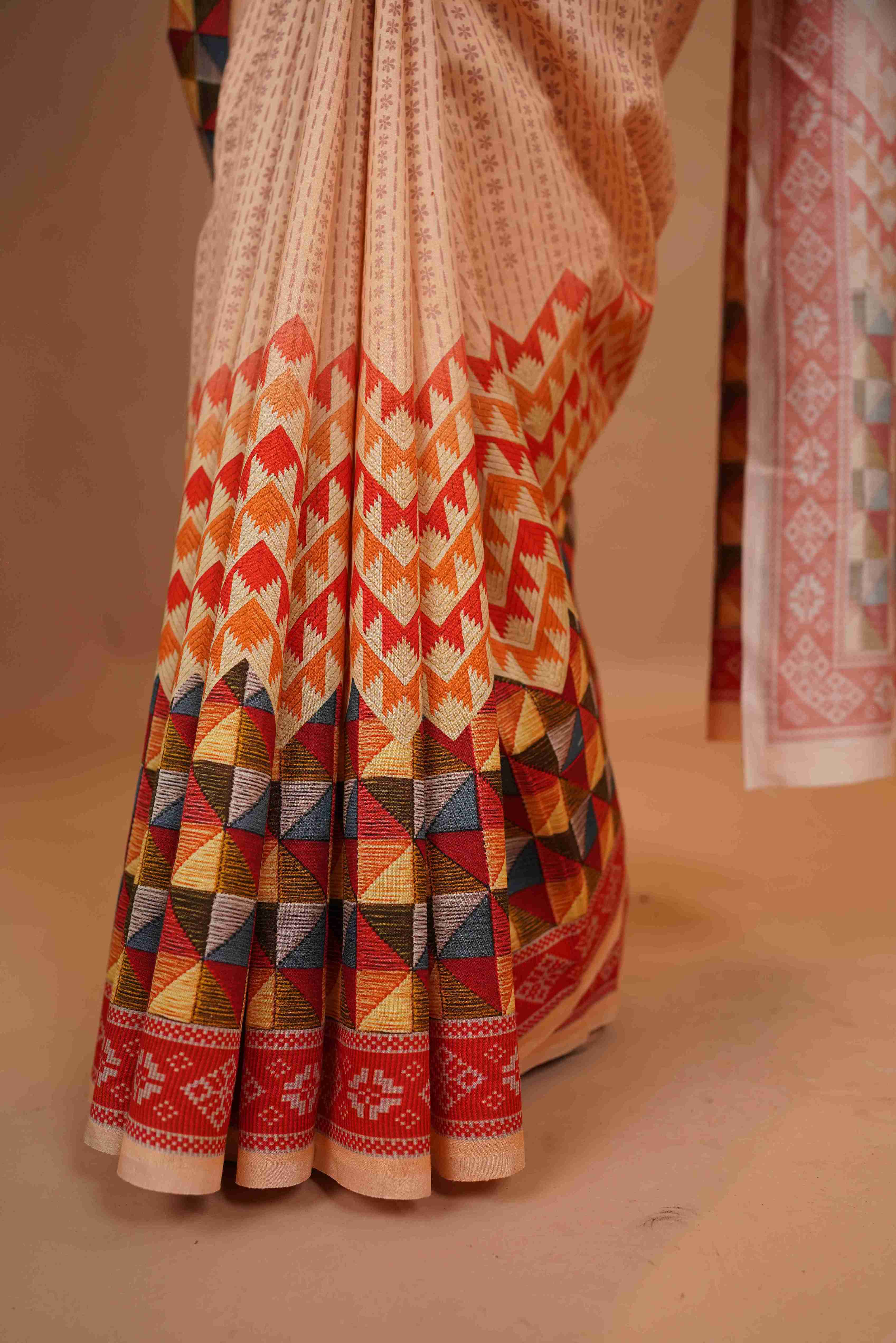 Mahalkari Mirror work Blouse with chanderi saree - (Nude/Red)