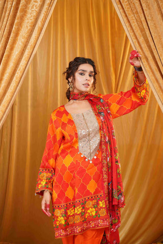 Silk Satin Mahakari Rangrez print - (Orange)