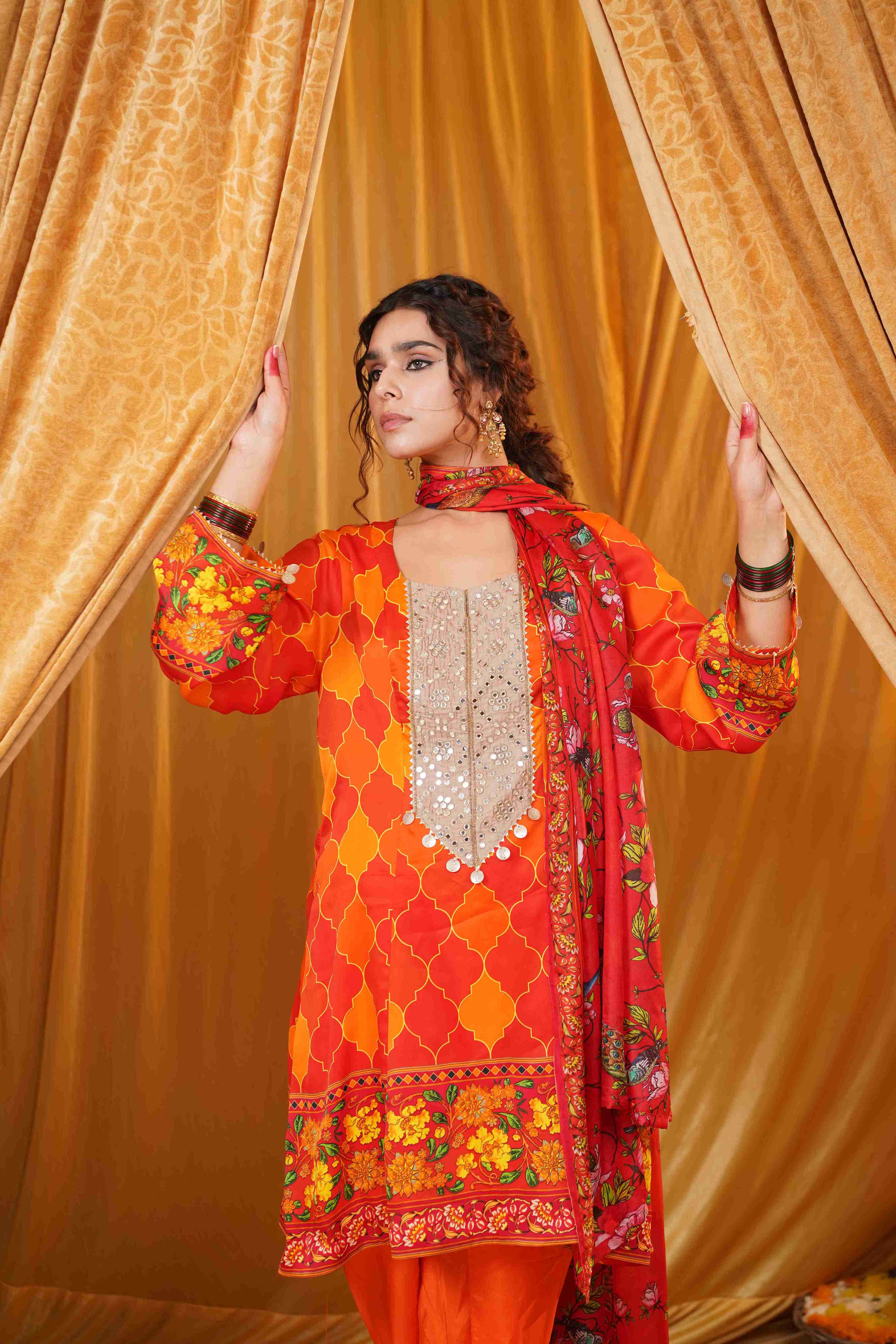 Silk Satin Mahakari Rangrez print - (Orange)