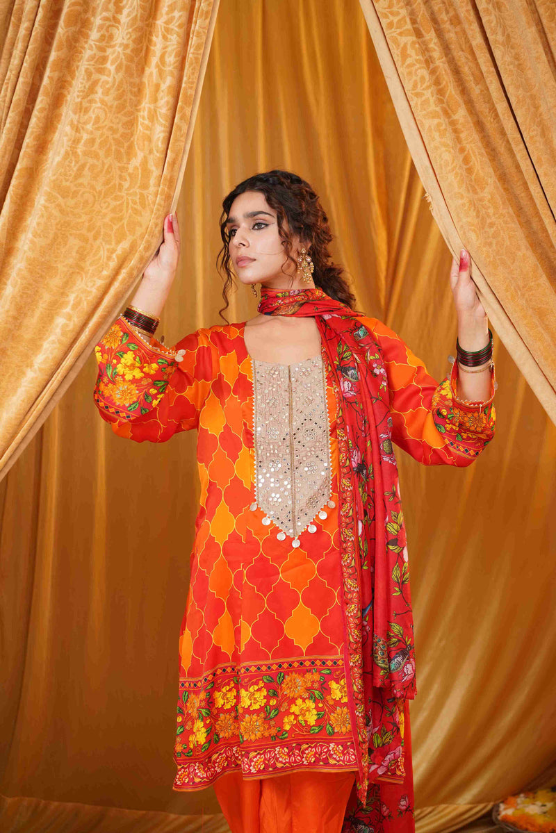 Silk Satin Mahakari Rangrez print - (Orange)