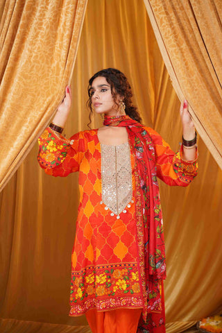 Silk Satin Mahakari Rangrez print - (Orange)