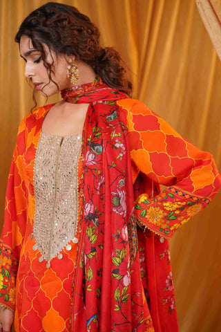 Silk Satin Mahakari Rangrez print - (Orange)