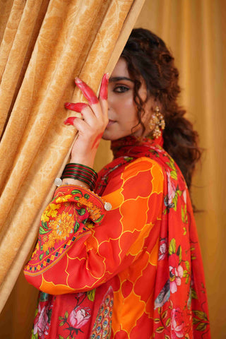Silk Satin Mahakari Rangrez print - (Orange)