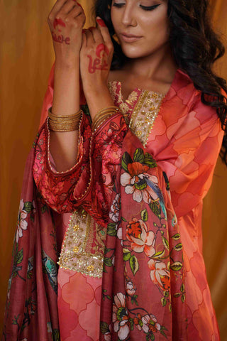Silk Satin Mahakari Rangrez print - (Peach)
