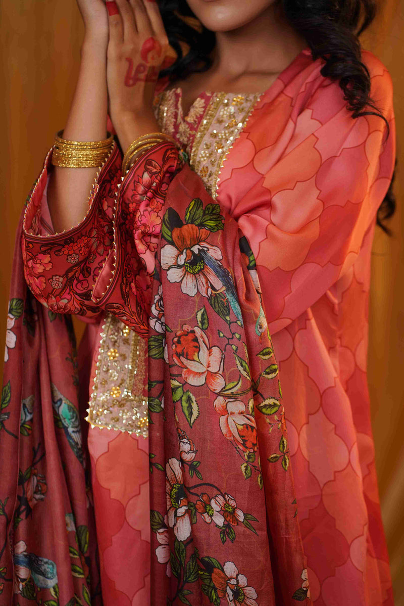 Silk Satin Mahakari Rangrez print - (Peach)