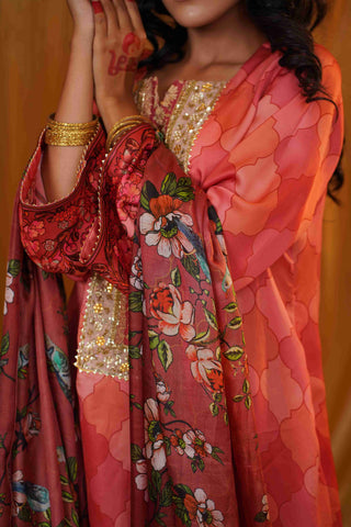 Silk Satin Mahakari Rangrez print - (Peach)