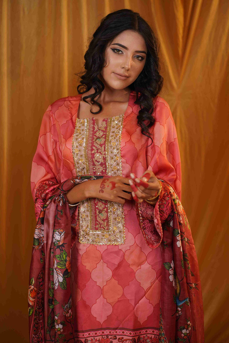 Silk Satin Mahakari Rangrez print - (Peach)