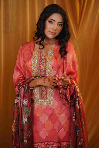 Silk Satin Mahakari Rangrez print - (Peach)