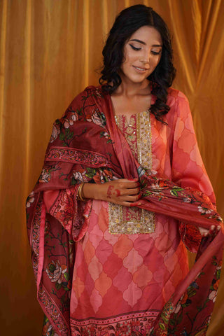 Silk Satin Mahakari Rangrez print - (Peach)