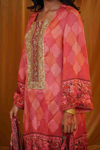 Silk Satin Mahakari Rangrez print - (Peach)
