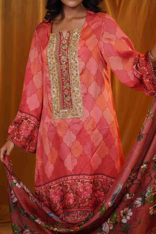 Silk Satin Mahakari Rangrez print - (Peach)