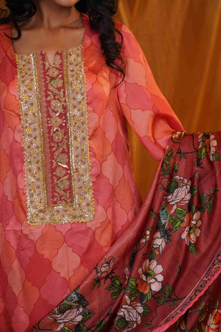 Silk Satin Mahakari Rangrez print - (Peach)