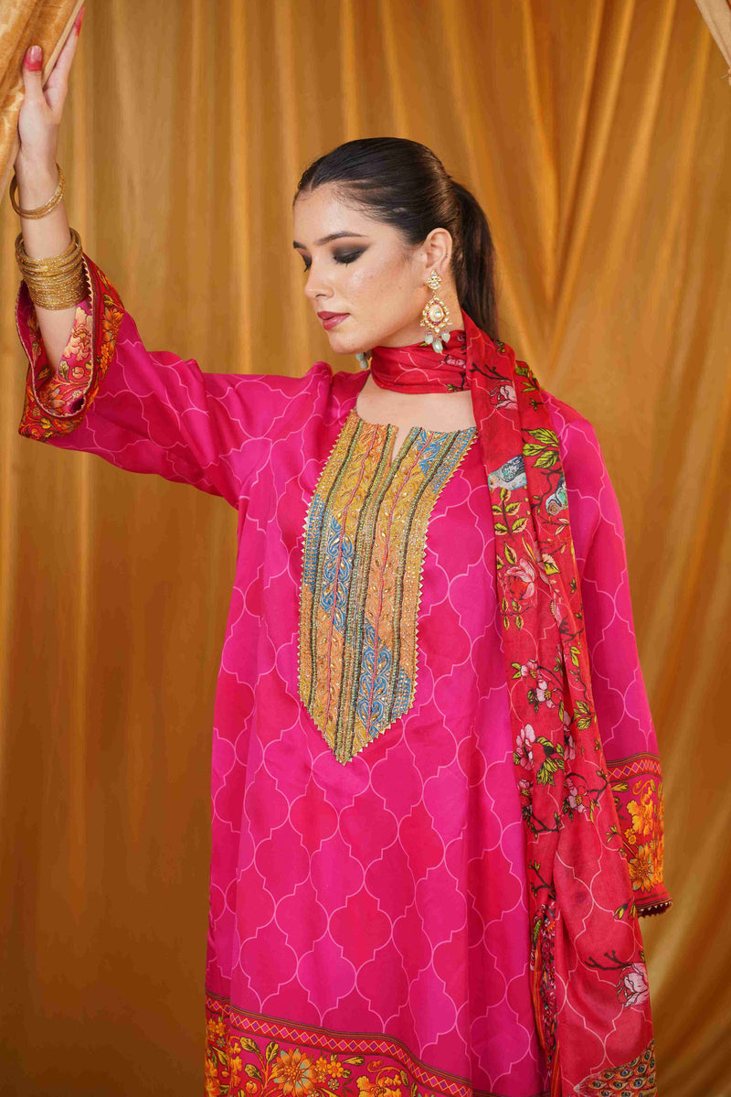 Silk Satin Mahakari Rangrez print - (Hot Pink)