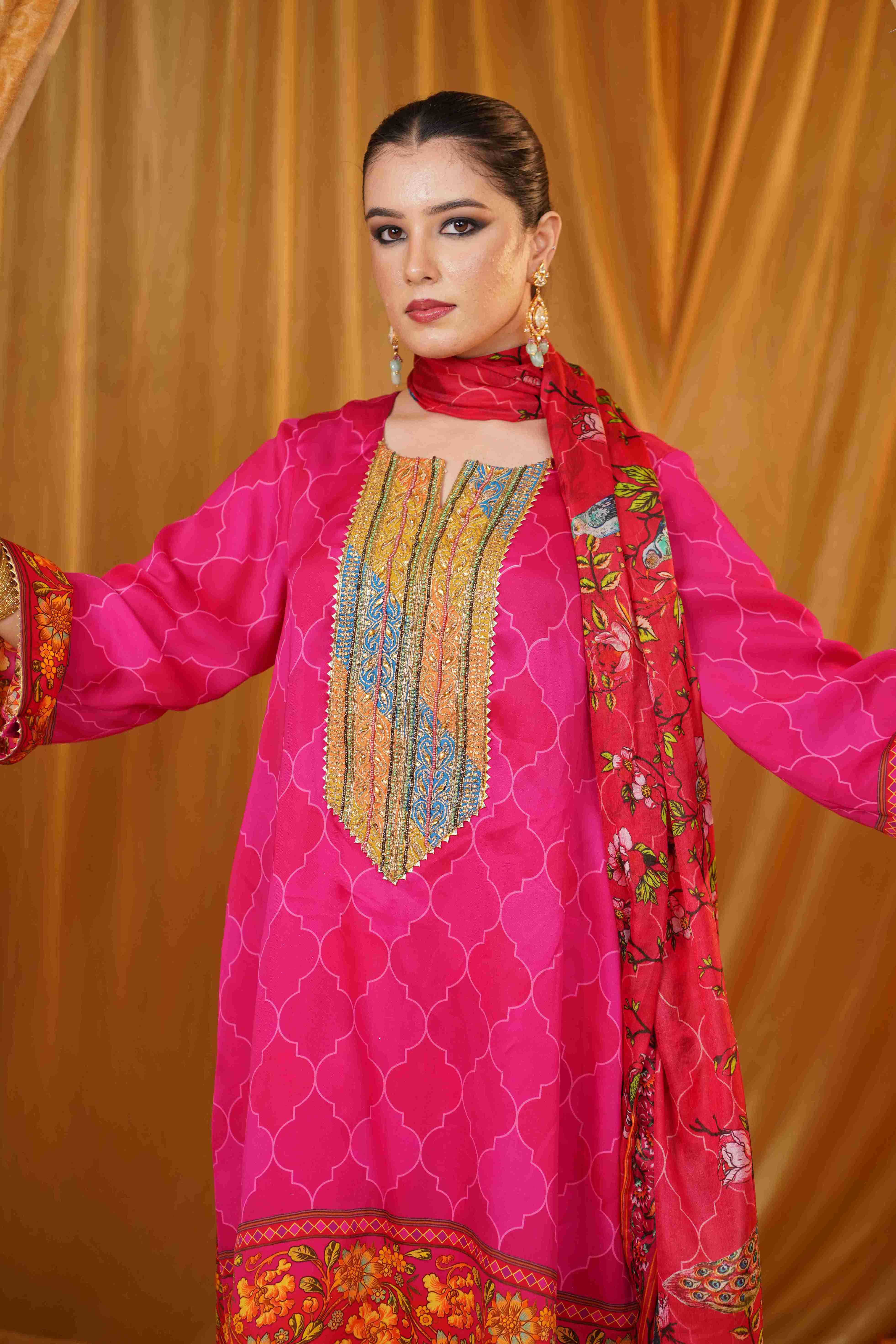Silk Satin Mahakari Rangrez print - (Hot Pink)