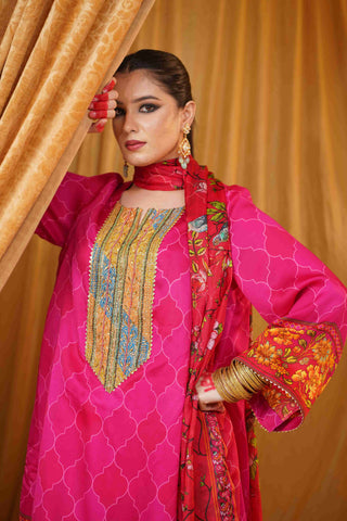 Silk Satin Mahakari Rangrez print - (Hot Pink)