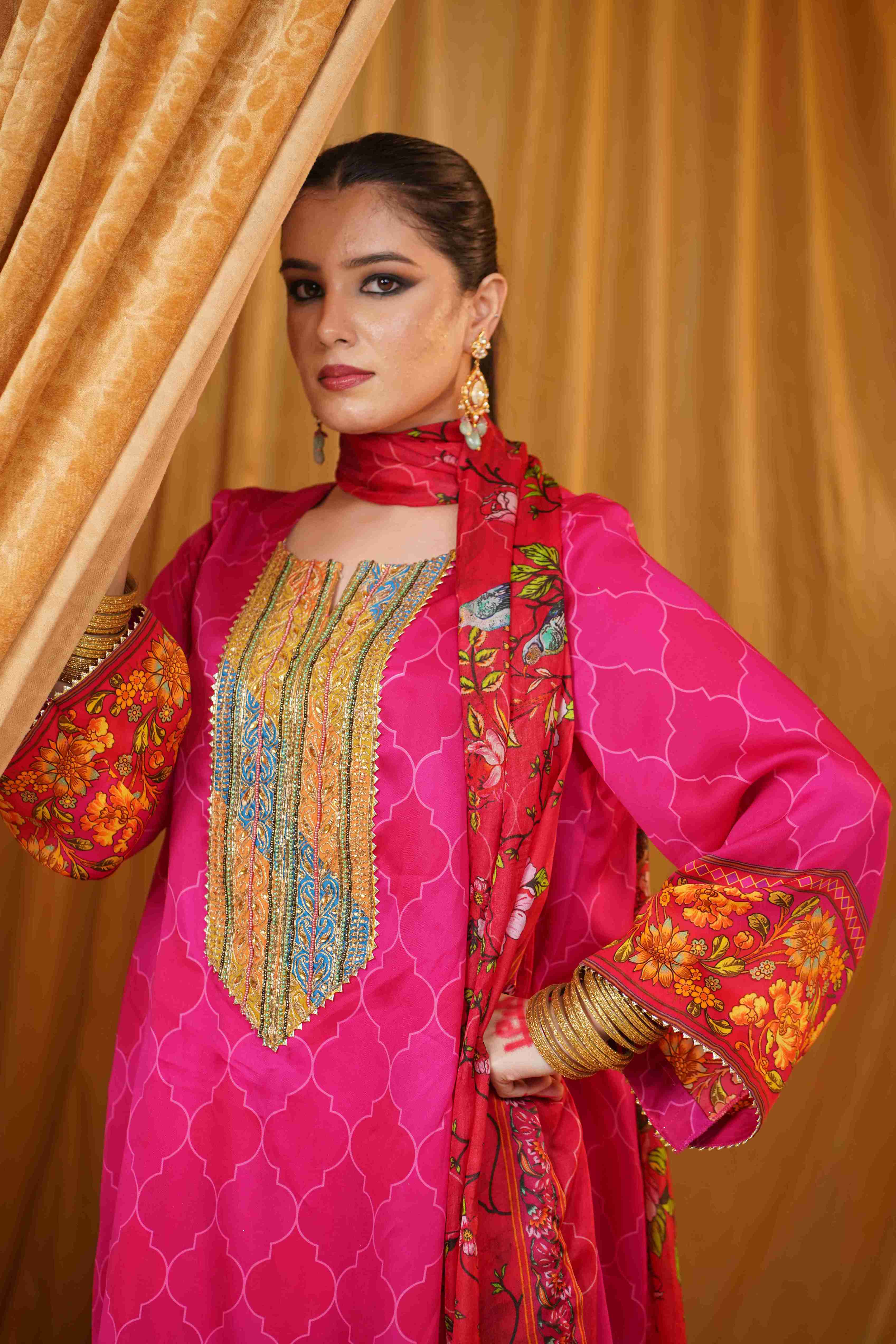 Silk Satin Mahakari Rangrez print - (Hot Pink)
