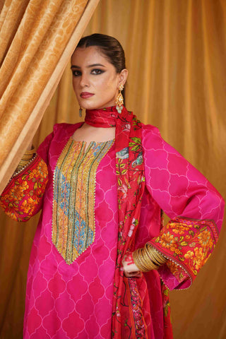 Silk Satin Mahakari Rangrez print - (Hot Pink)