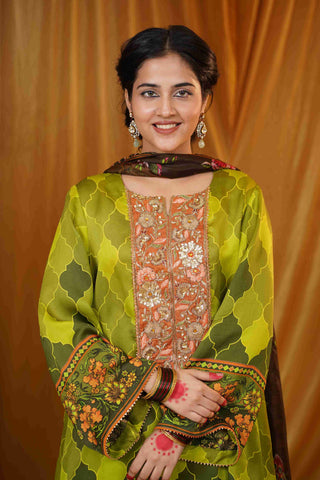 Silk Satin Mahakari Rangrez print - Green
