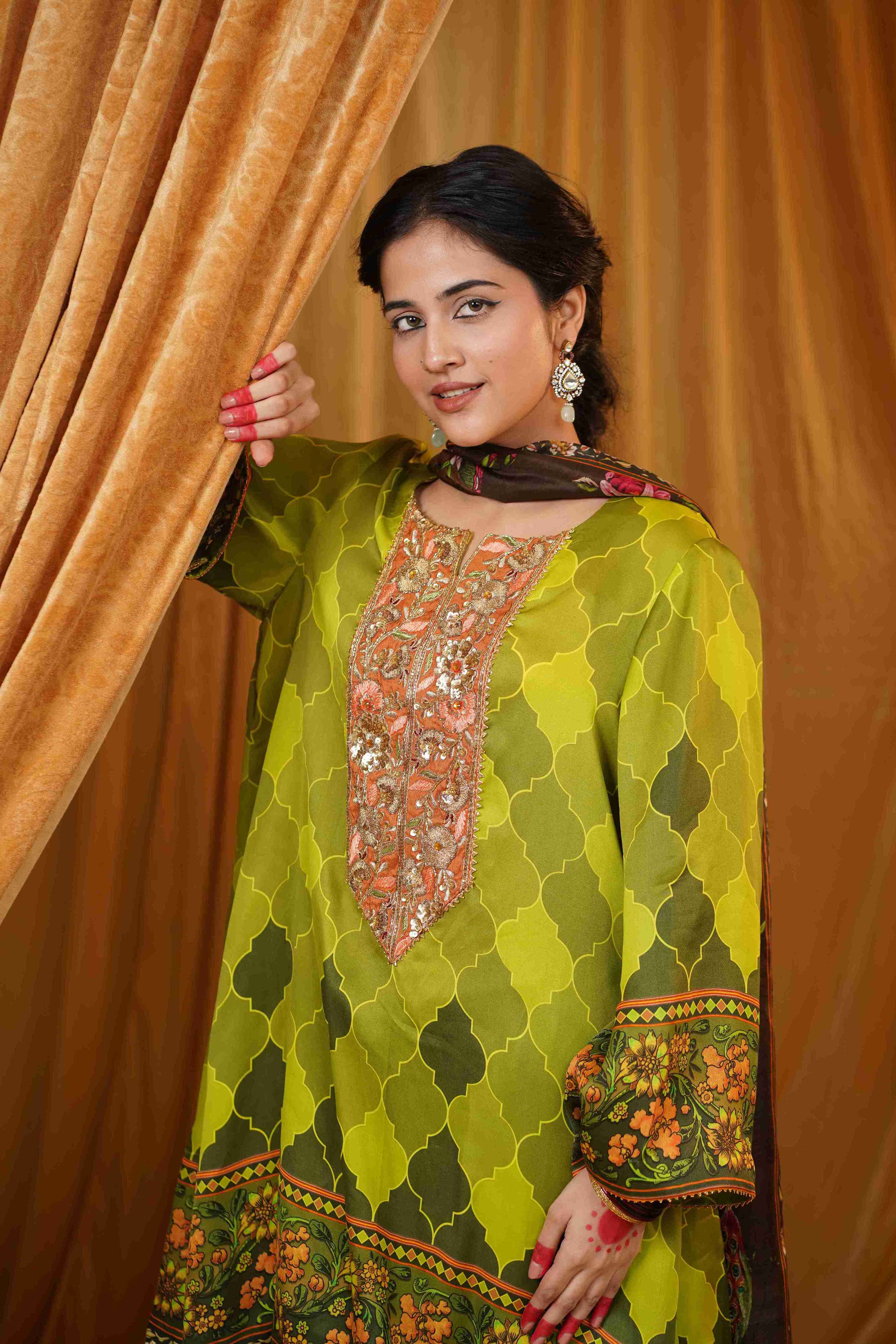 Silk Satin Mahakari Rangrez print - Green