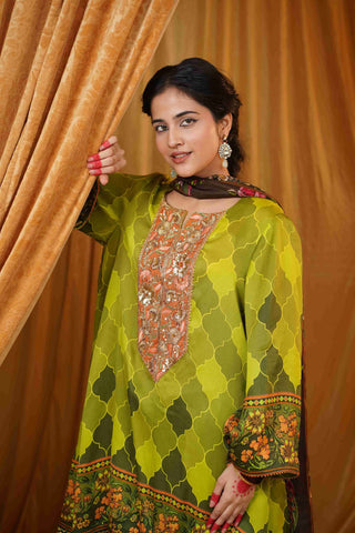 Silk Satin Mahakari Rangrez print - Green