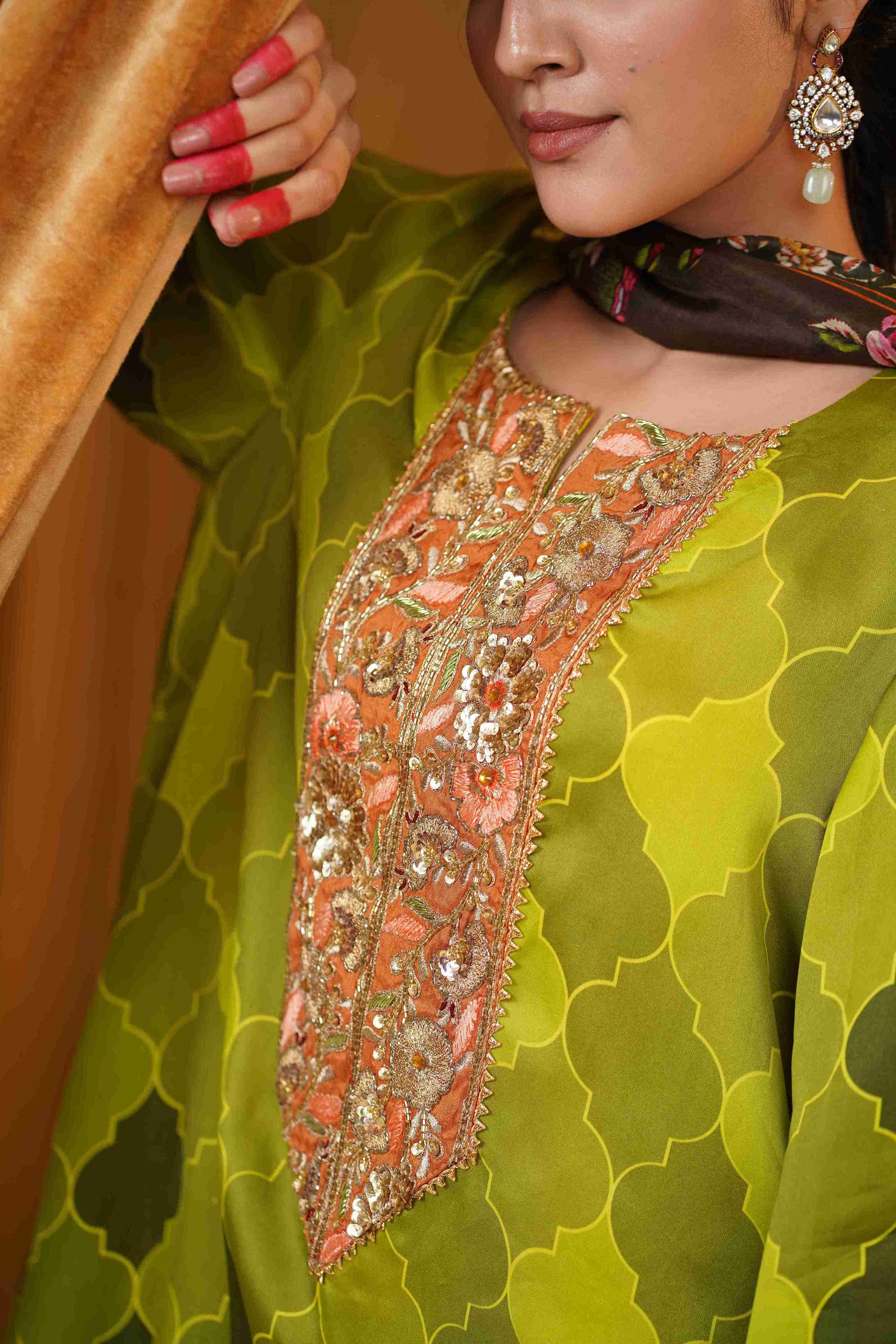 Silk Satin Mahakari Rangrez print - Green