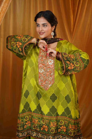 Silk Satin Mahakari Rangrez print - Green