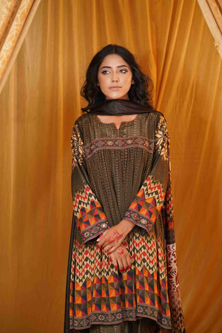 Mahalkari kantha and mirror work suit - Olive Green