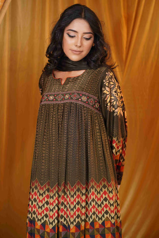 Mahalkari kantha and mirror work suit - Olive Green
