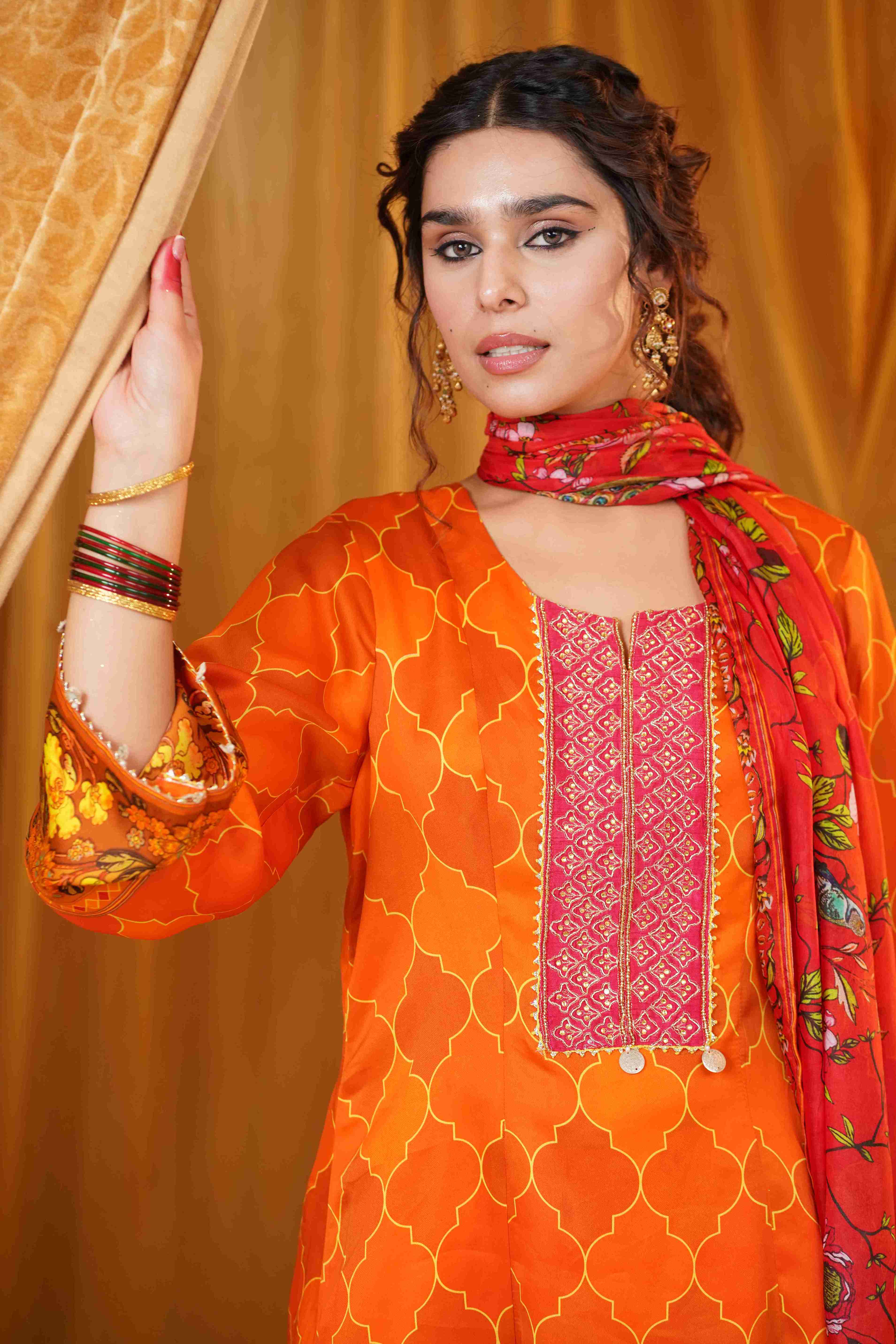 Silk Satin Mahakari Rangrez print - Red Orange