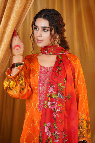 Silk Satin Mahakari Rangrez print - Red Orange