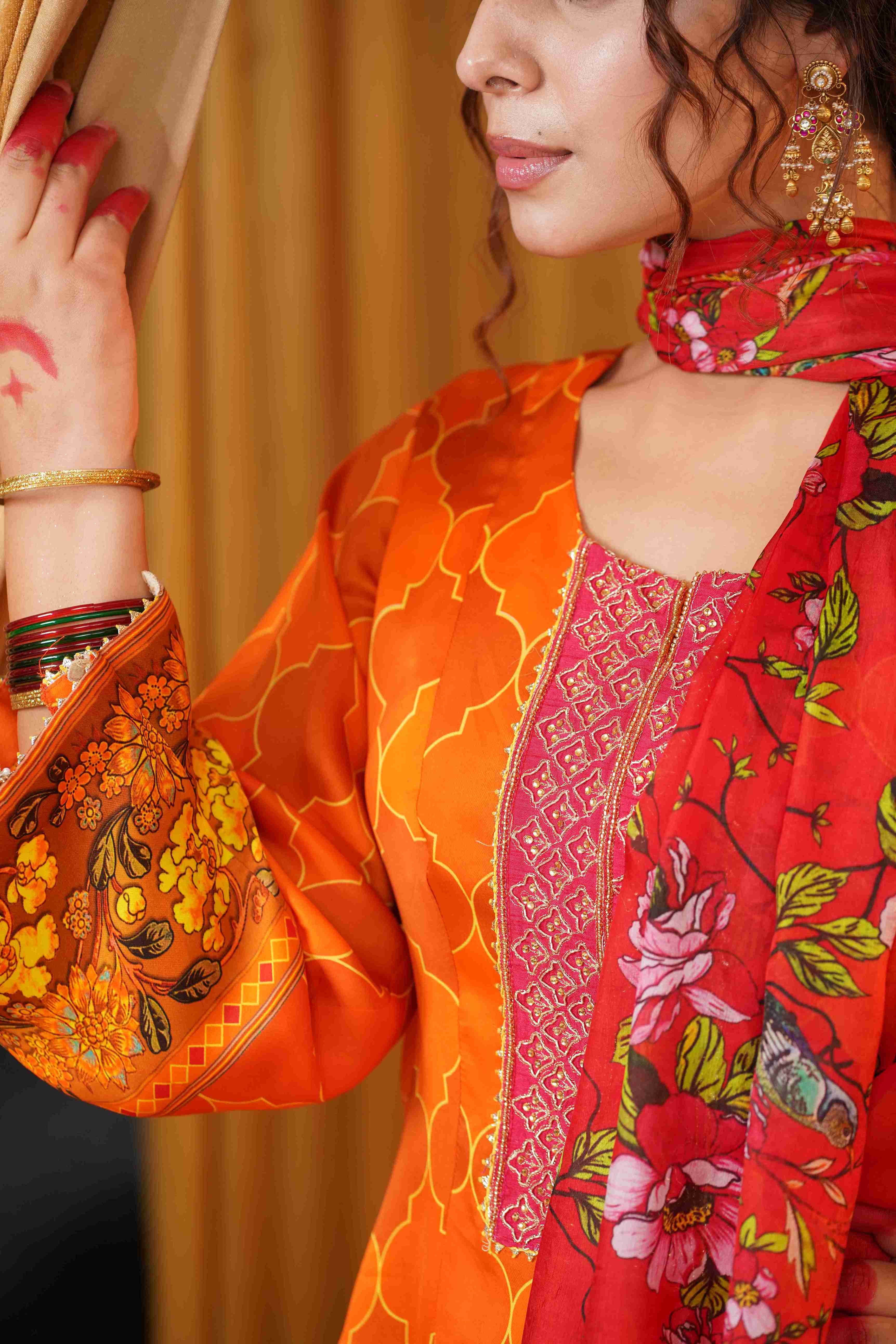 Silk Satin Mahakari Rangrez print - Red Orange