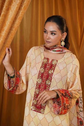 Silk Satin Mahakari Rangrez print - Cream