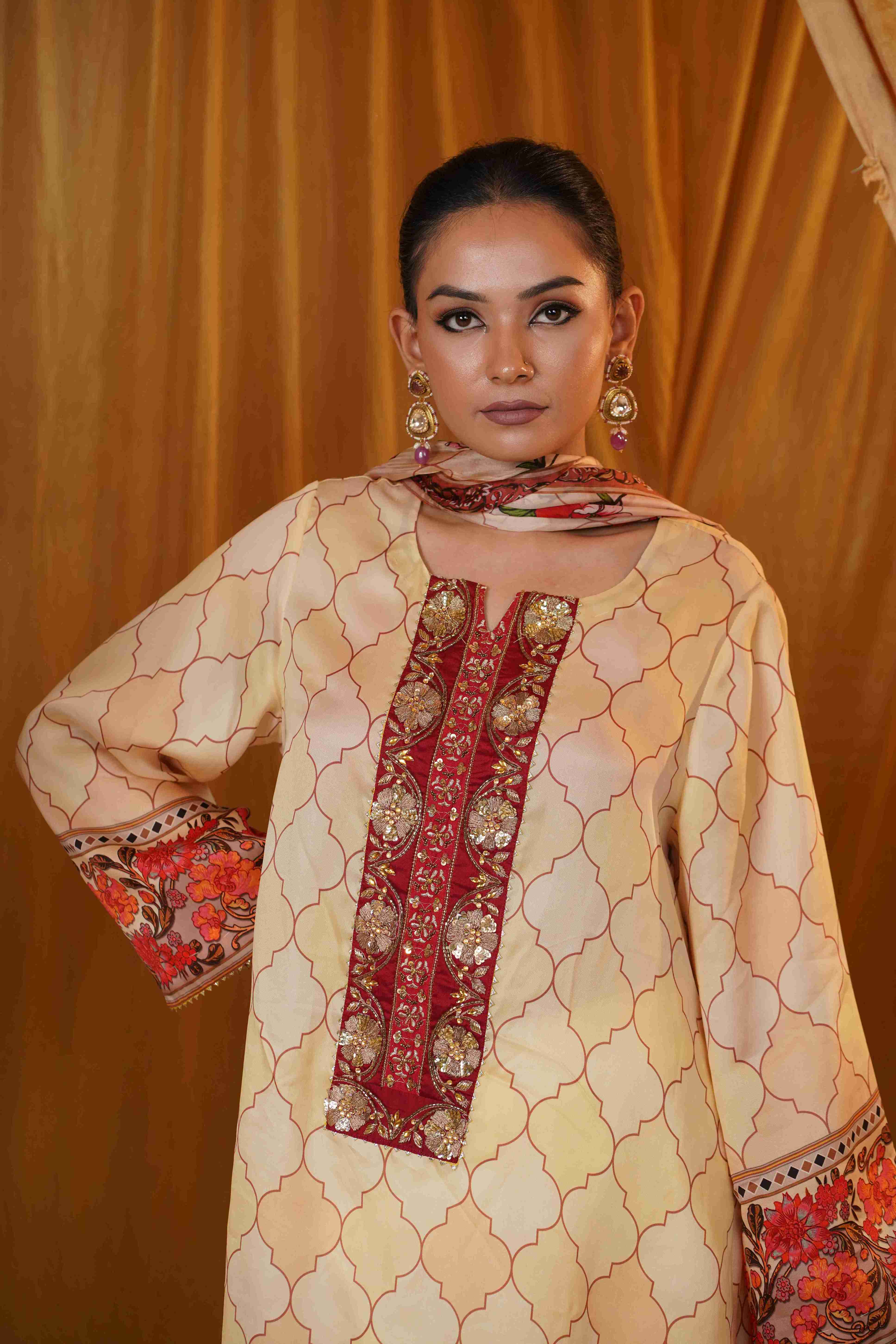 Silk Satin Mahakari Rangrez print - Cream