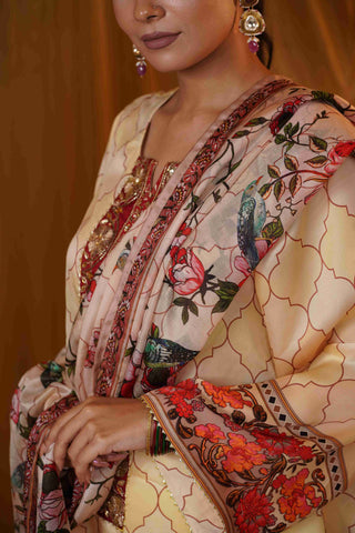 Silk Satin Mahakari Rangrez print - Cream