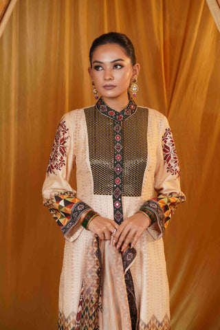 Mahalakari kantha work jacket - Beige/Green
