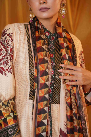 Mahalakari kantha work jacket - Beige/Green
