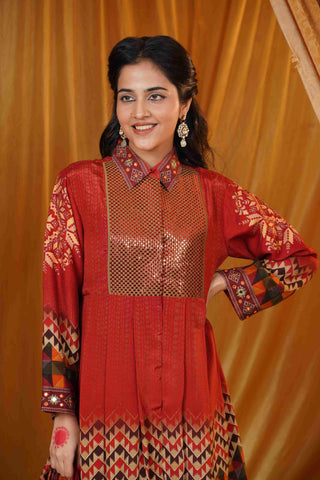 Mahalkari kantha and mirror work suit - Maroon