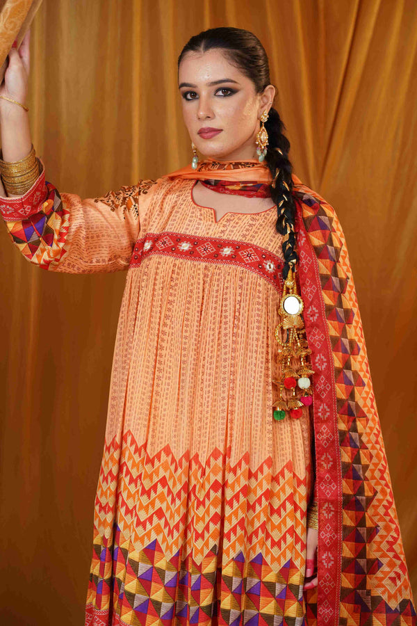Mahalkari kantha and mirror work suit - Cream & Red