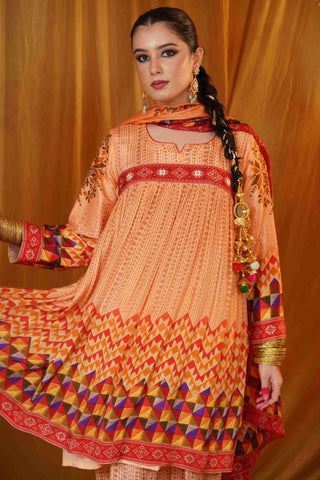 Mahalkari kantha and mirror work suit - Cream & Red
