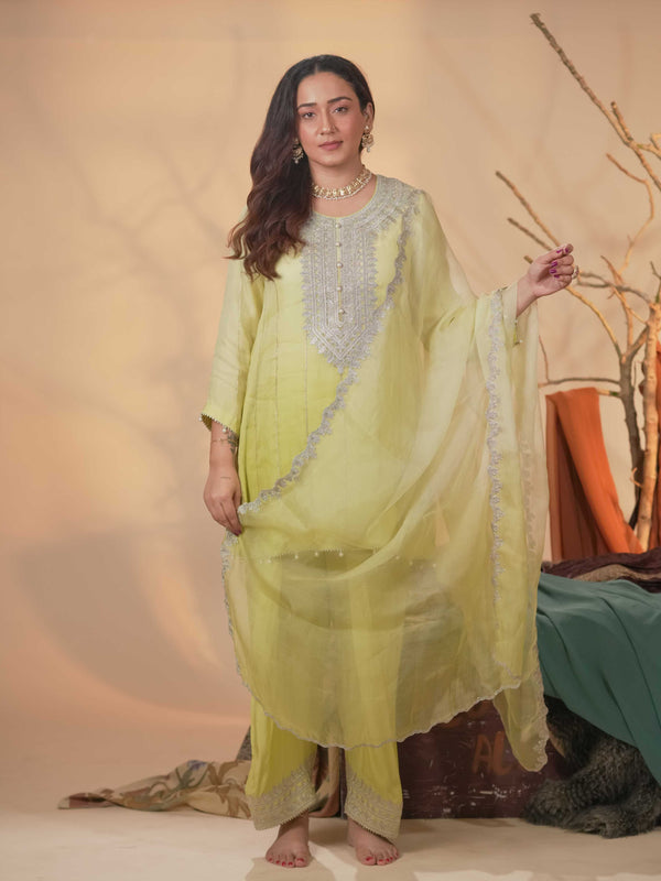 Organza Zari Work-Lime Yellow