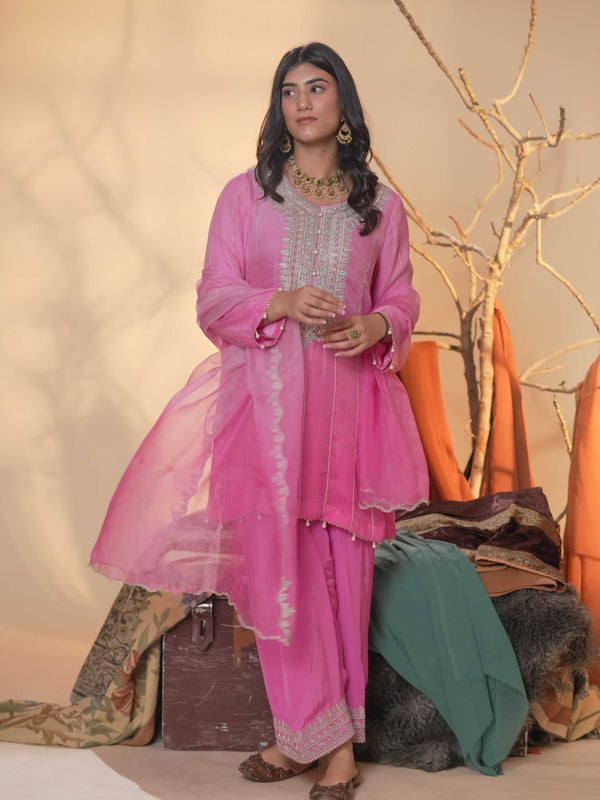 Organza Zari Work-Hot Pink