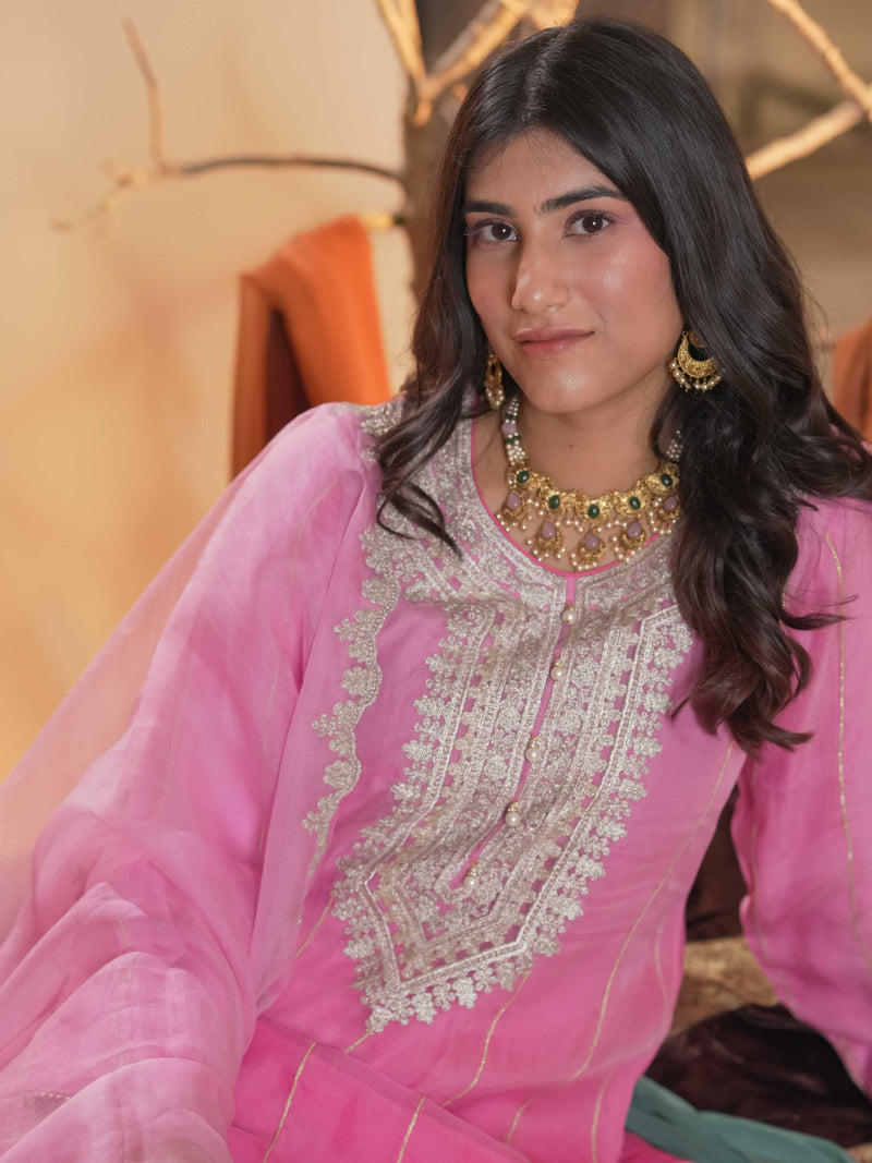 Organza Zari Work-Hot Pink