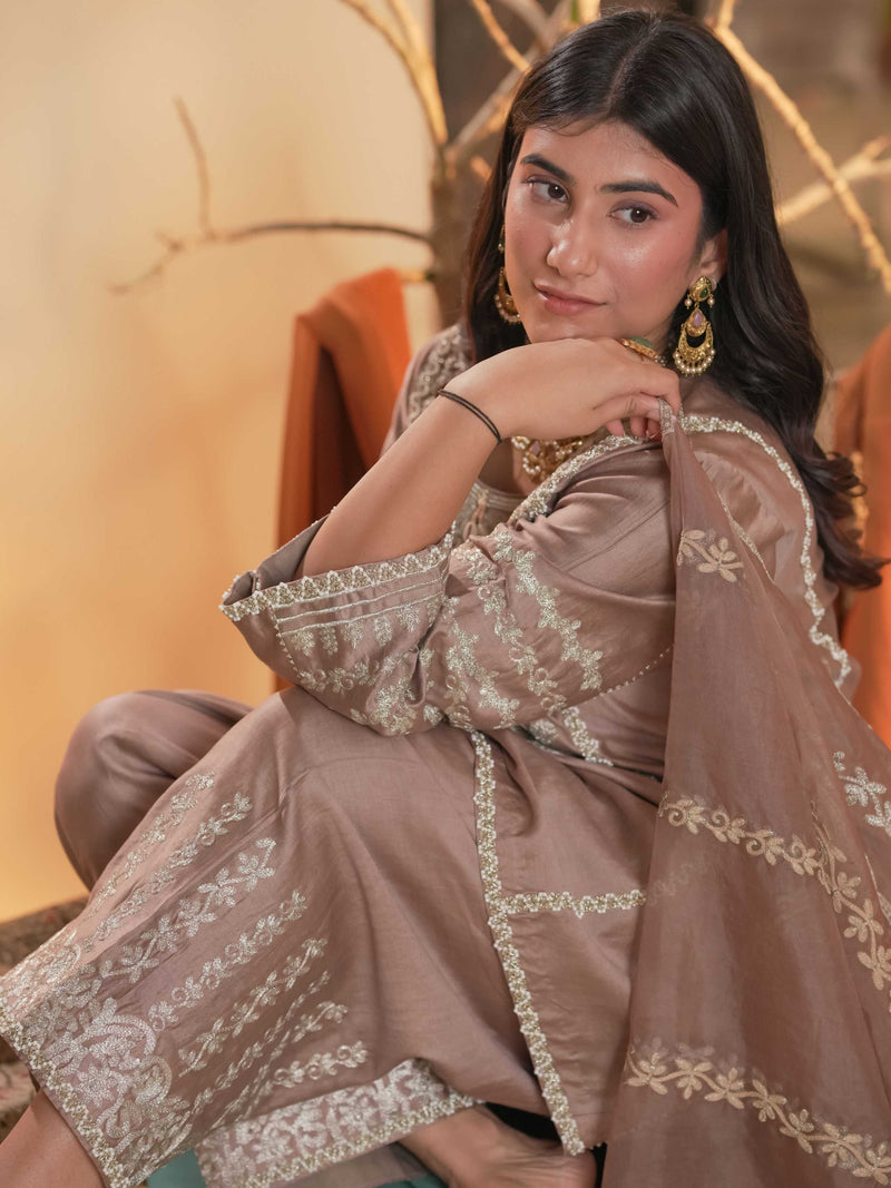 Tussar Chanderi-Light Brown And Grey