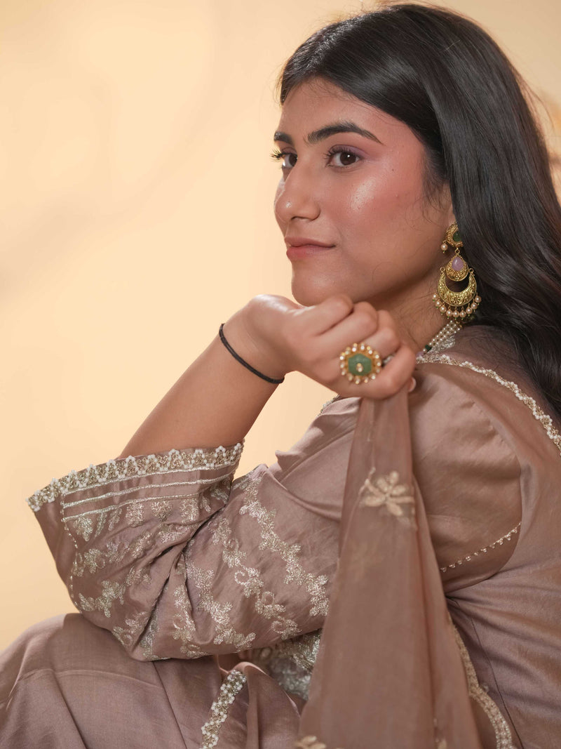 Tussar Chanderi-Light Brown And Grey