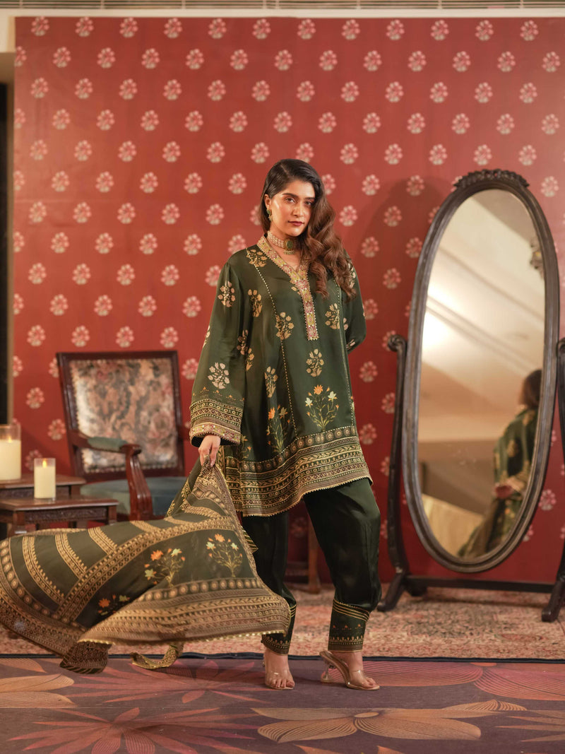 Silk Satin Suit-Emerald Green