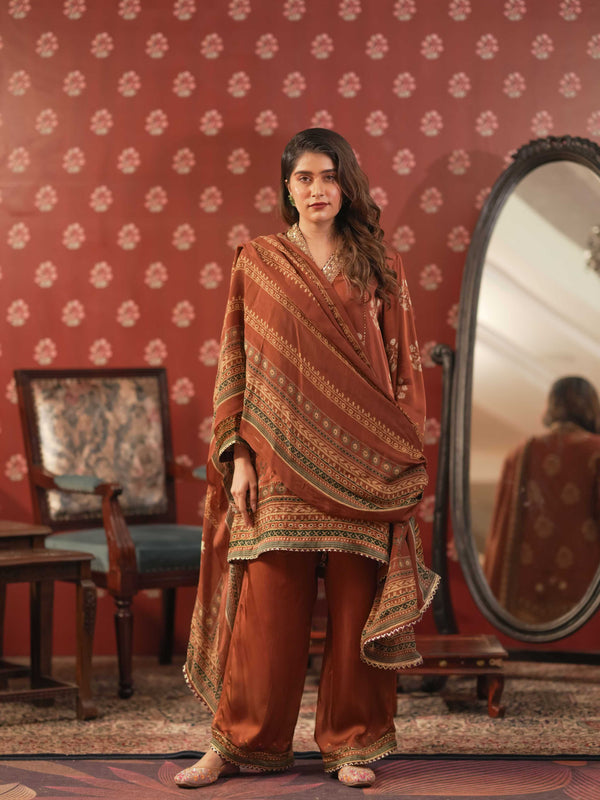 Silk Satin Suit-Reddish Brown