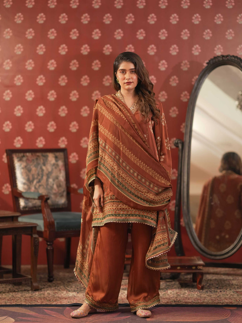 Silk Satin Suit-Reddish Brown
