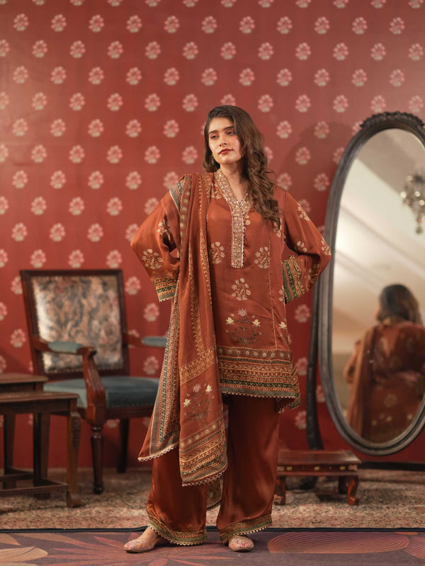 Silk Satin Suit-Reddish Brown