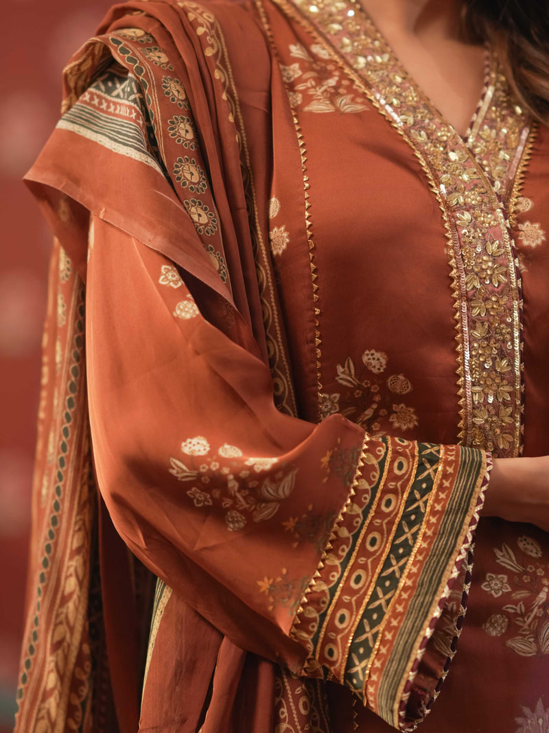 Silk Satin Suit-Reddish Brown